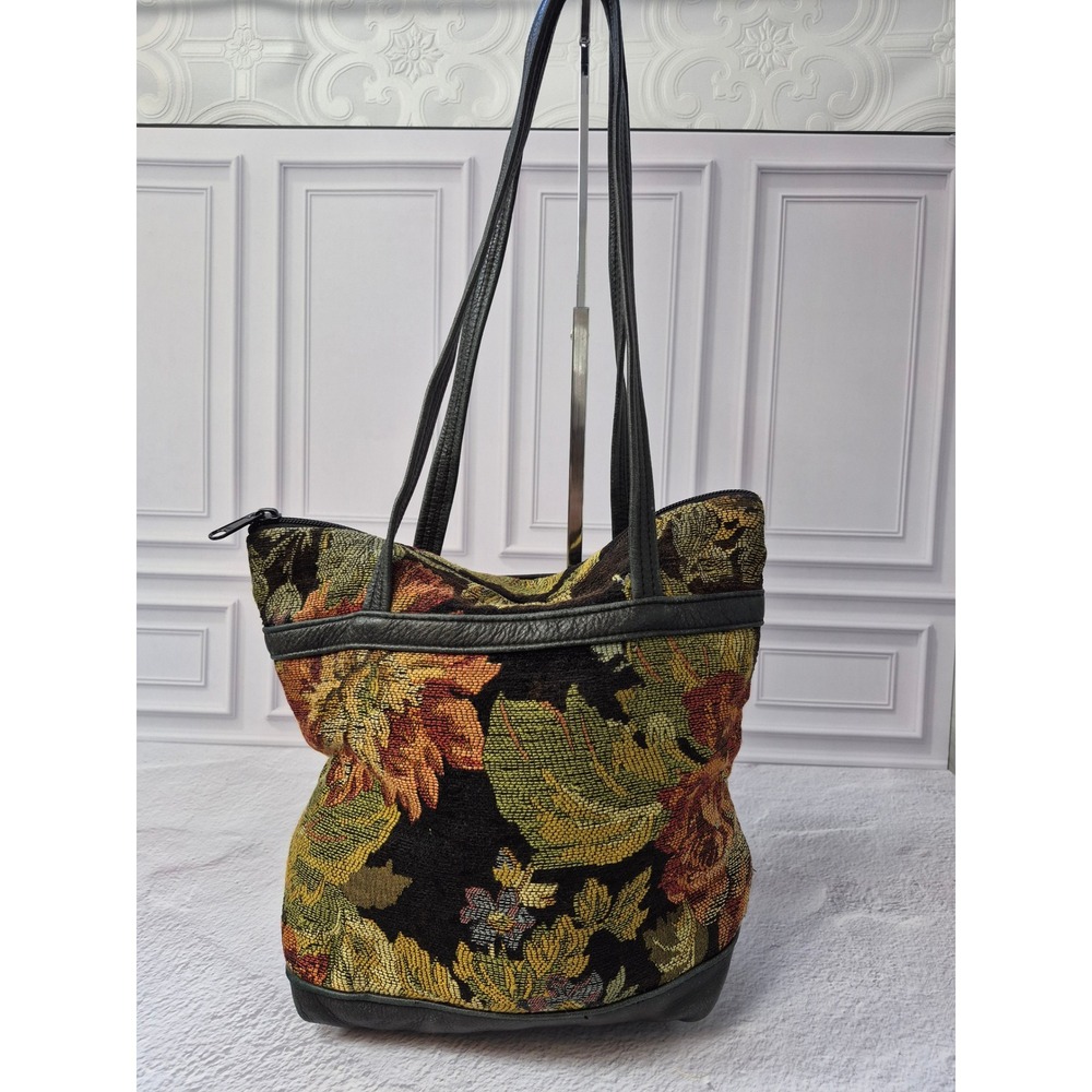 Tapestry Leather Trim Shoulder Bag Portmanteau Portland Maine Floral Tote Purse
